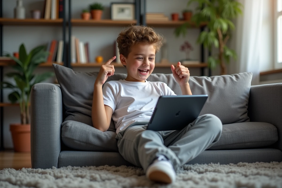 Adolescent jouant &agrave; Candy Crush sur sa tablette dans le salon