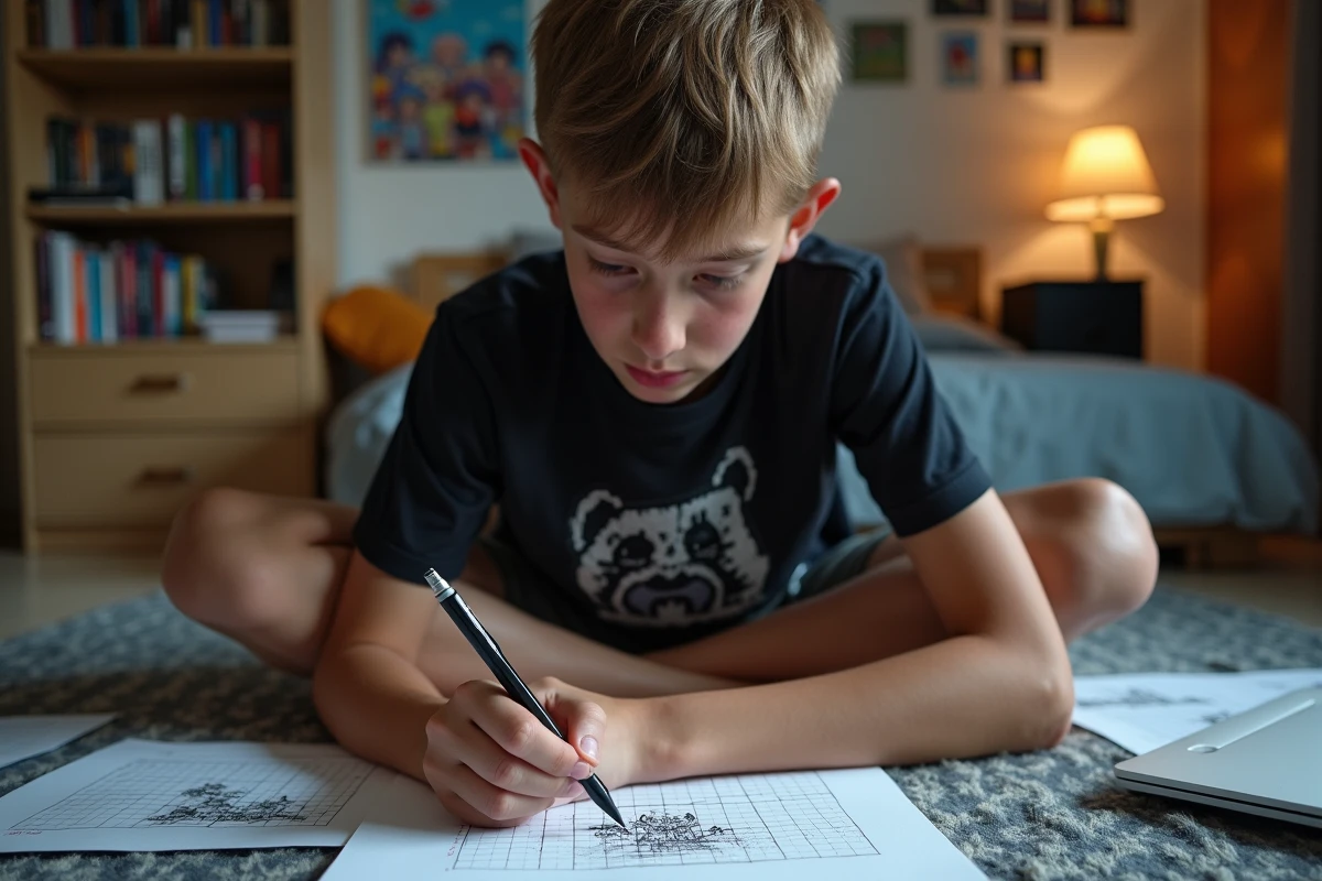 Adolescent dessinant à la main un personnage en pixel art sur une grille de papier entouré de croquis et de références dans sa chambre
