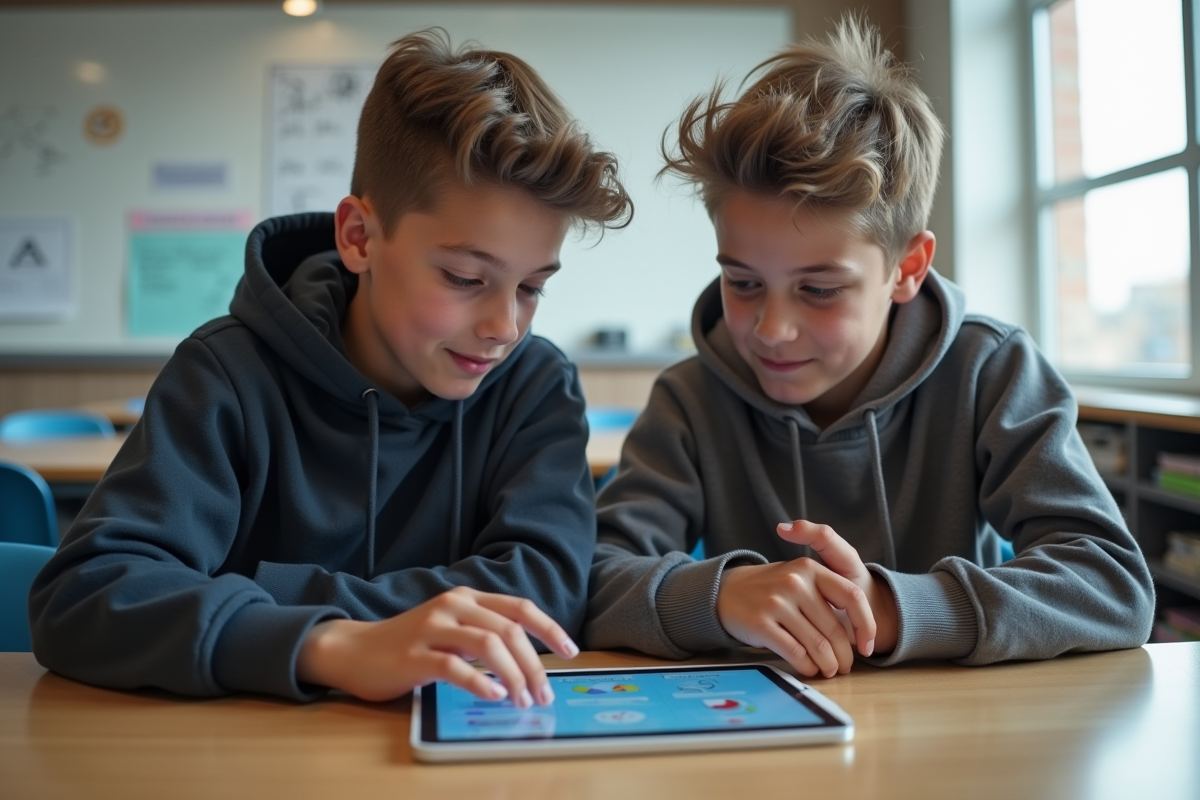 Deux adolescents collaborent sur une tablette en classe lumineuse