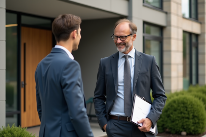 Agent immobilier accueillant un couple devant un b&acirc;timent moderne