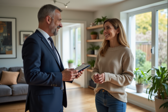 Agent immobilier en costume discutant avec une femme dans un salon lumineux