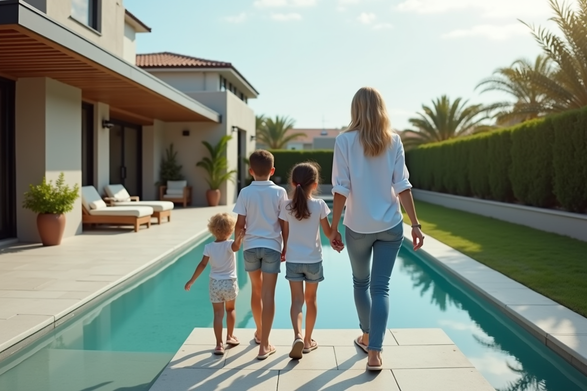 Agent immobilier accompagnant une famille près de la piscine