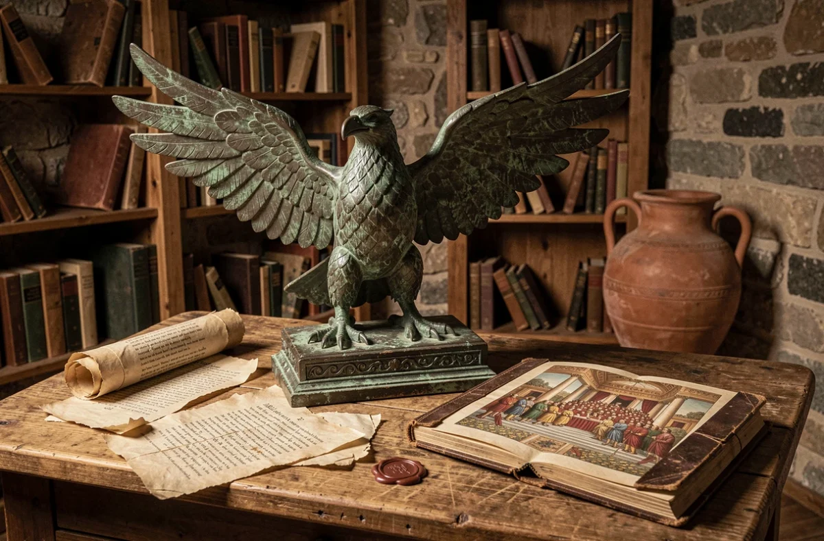 Aigle romain en bronze, parchemins et sceaux disposés sur une table en bois dans un bureau d'historien évoquant la Rome antique et le SPQR
