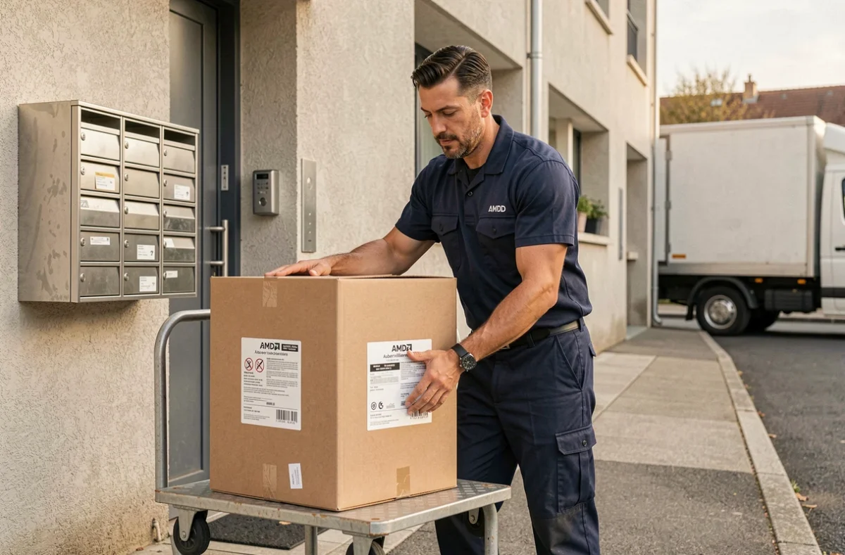 Déménageur AMD déposant soigneusement un carton étiqueté sur un chariot devant un immeuble à Aubervilliers