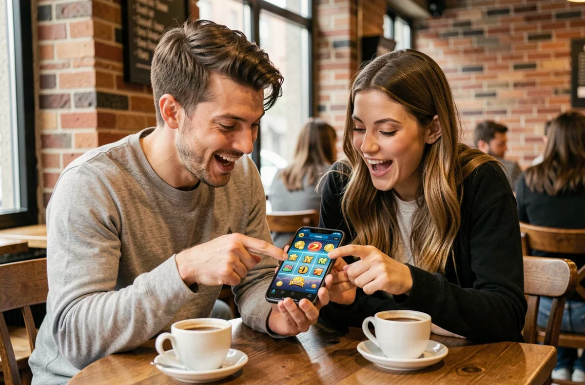 Deux amis partageant des liens de tours gratuits Coin Master sur smartphone dans un café urbain