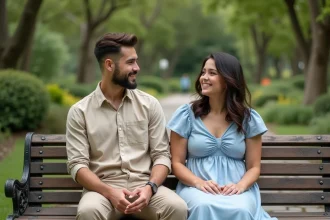 Jeune homme et femme discutent dans un parc botanique