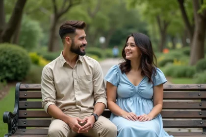 Jeune homme et femme discutent dans un parc botanique