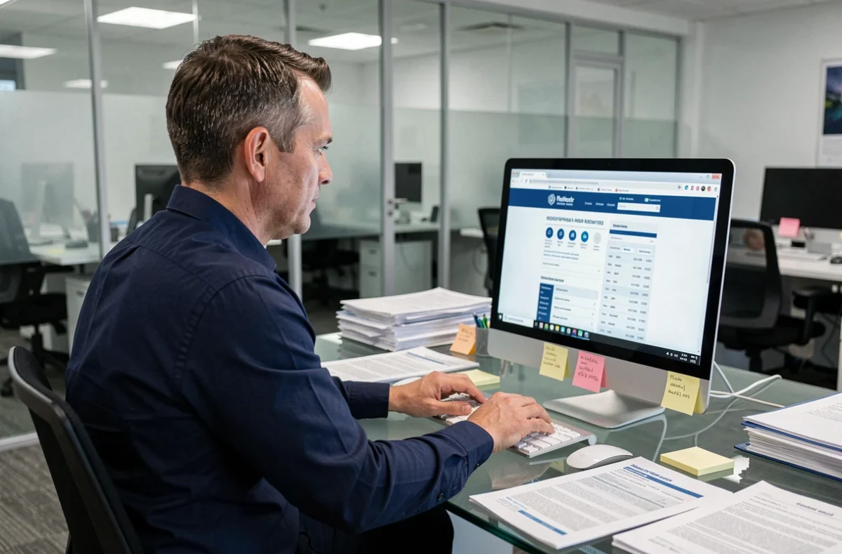 Homme en bureau professionnel effectuant une recherche sur un annuaire inversé de numéro de téléphone