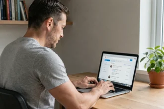 Homme utilisant un annuaire inversé gratuit sur ordinateur portable dans un bureau à domicile
