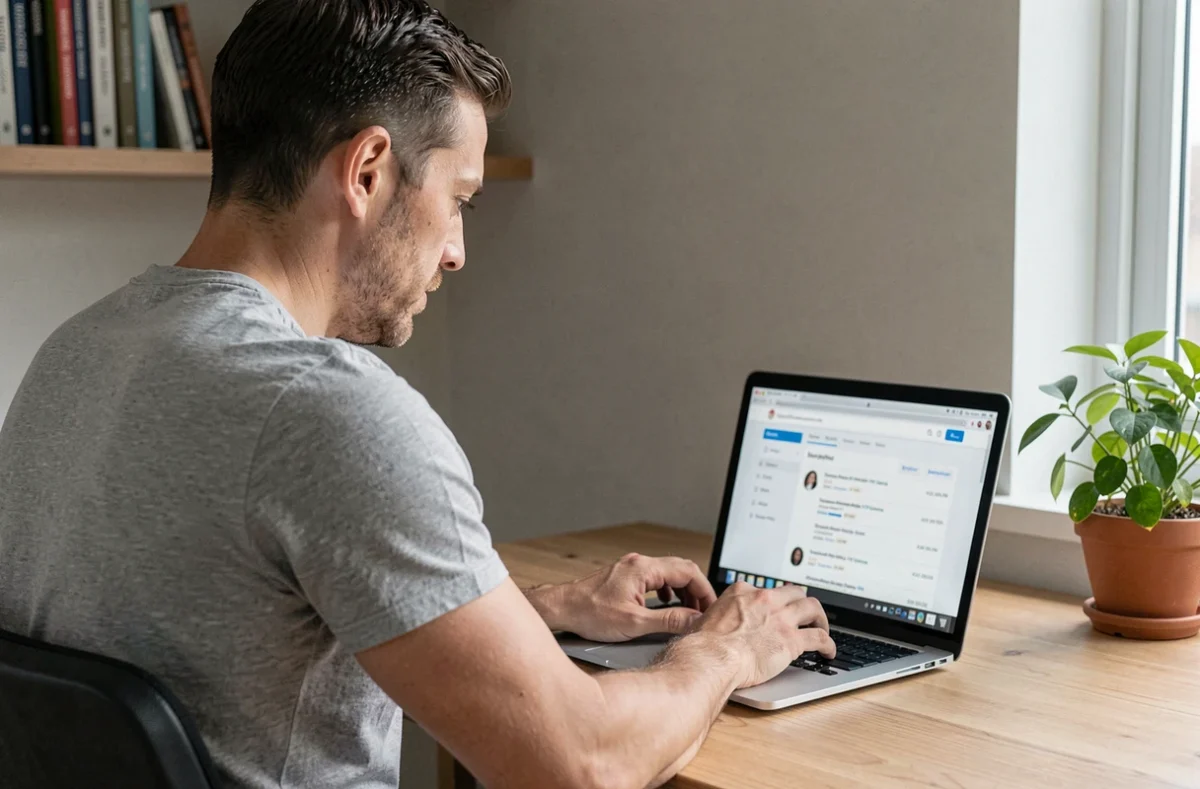 Homme utilisant un annuaire inversé gratuit sur ordinateur portable dans un bureau à domicile