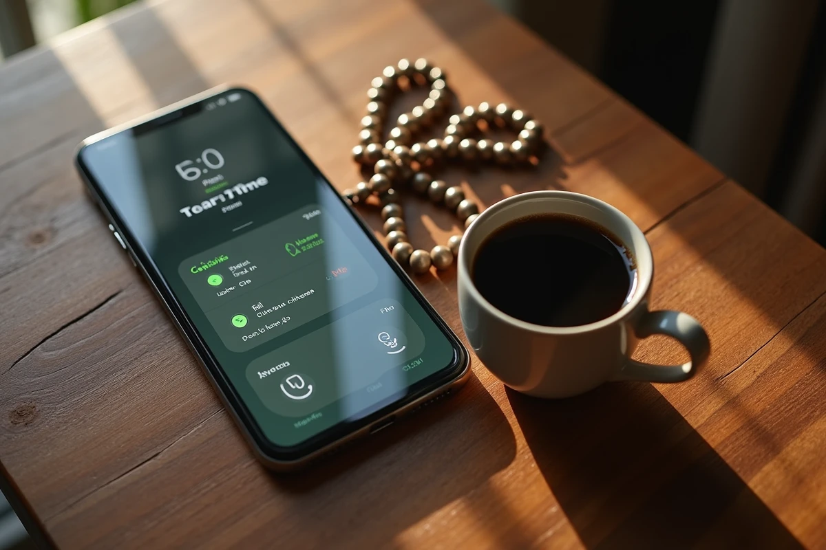 Smartphone affichant une application d'heures de prière à Paris posé sur une table avec un chapelet