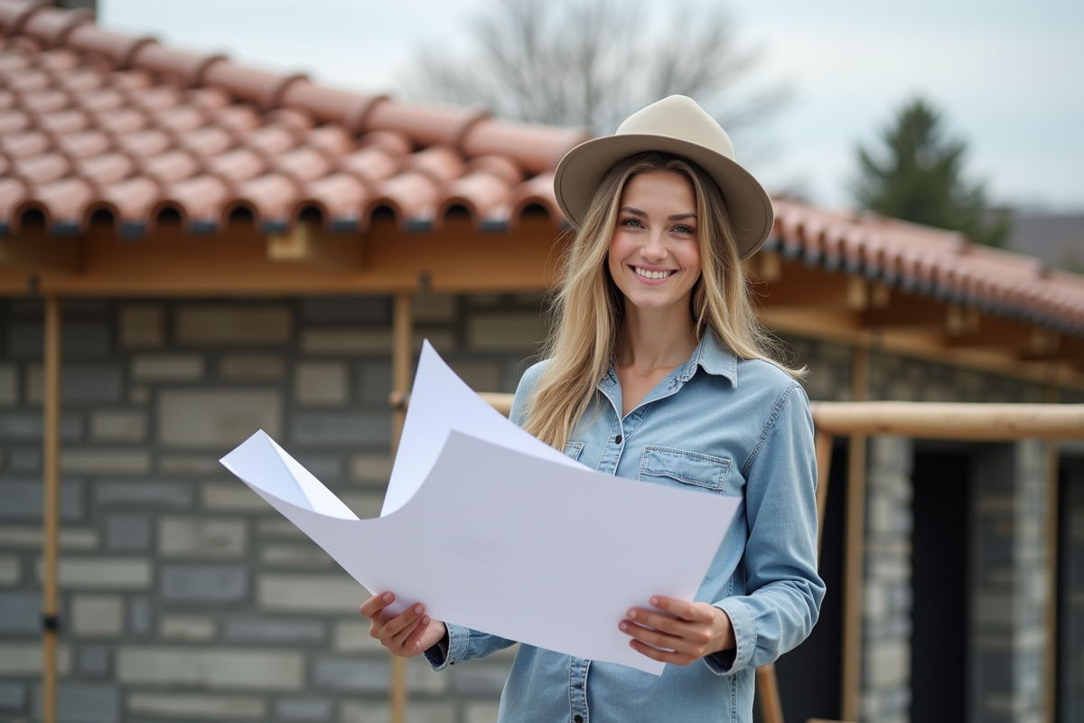 Jeune architecte avec plans devant un toit en pierre moderne