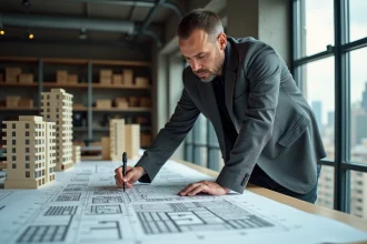 Architecte urbain analysant des plans de franchise urbaine et maquettes de projets en 2026