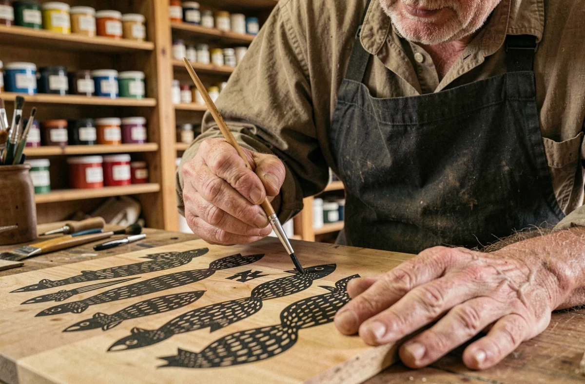 Artisan breton peignant les hermines du drapeau Gwenn-ha-Du dans un atelier traditionnel