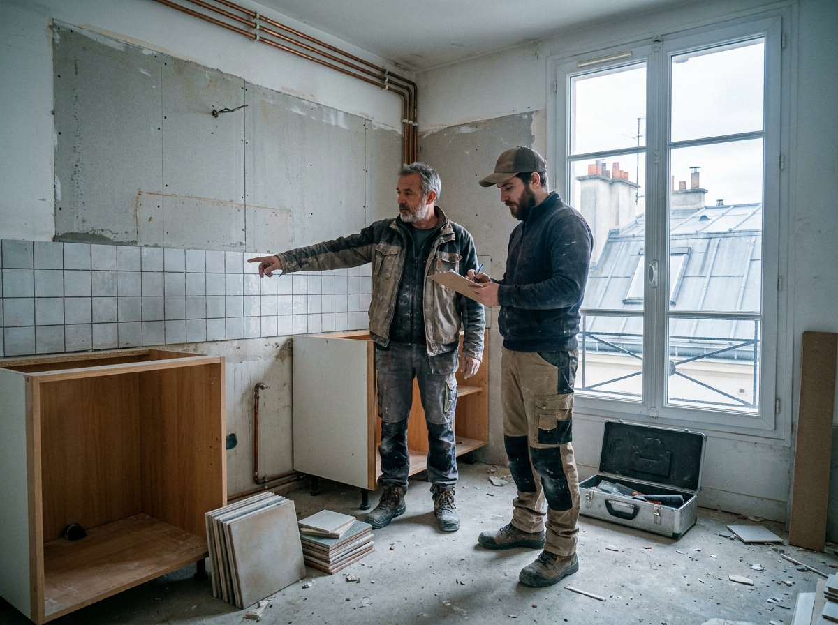 Deux artisans professionnels discutant des travaux de rénovation dans une cuisine parisienne en chantier