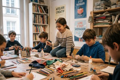 Groupe d'enfants cr&eacute;ant ensemble dans un atelier parisien