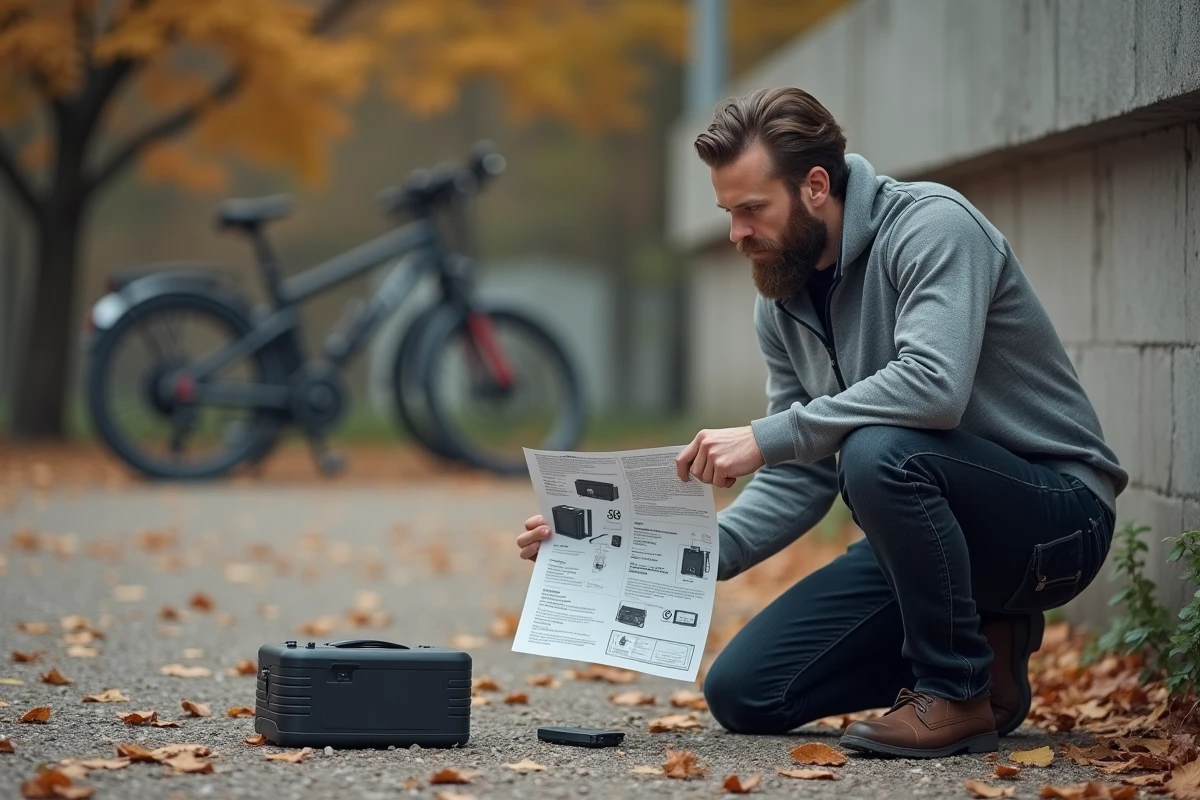 Homme vérifiant les spécifications d'une batterie portable en extérieur avec une fiche technique imprimée