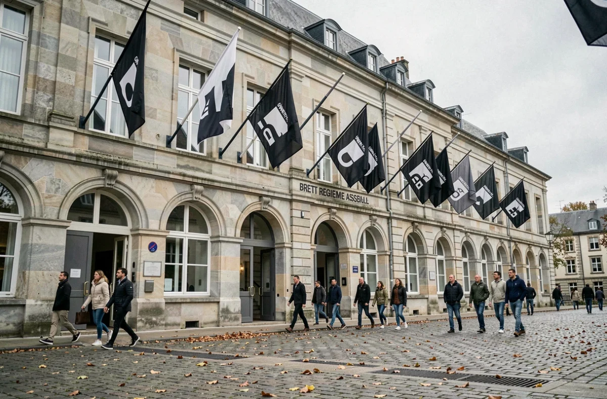 Façade d'un bâtiment institutionnel breton ornée de drapeaux Gwenn-ha-Du aux hermines