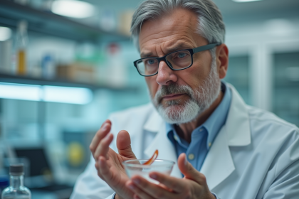 Biologiste tenant un planarian dans un laboratoire moderne