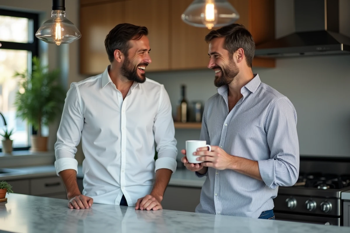 Deux collègues en salle de pause, l'un riant d'une blague et l'autre affichant un sourire forcé