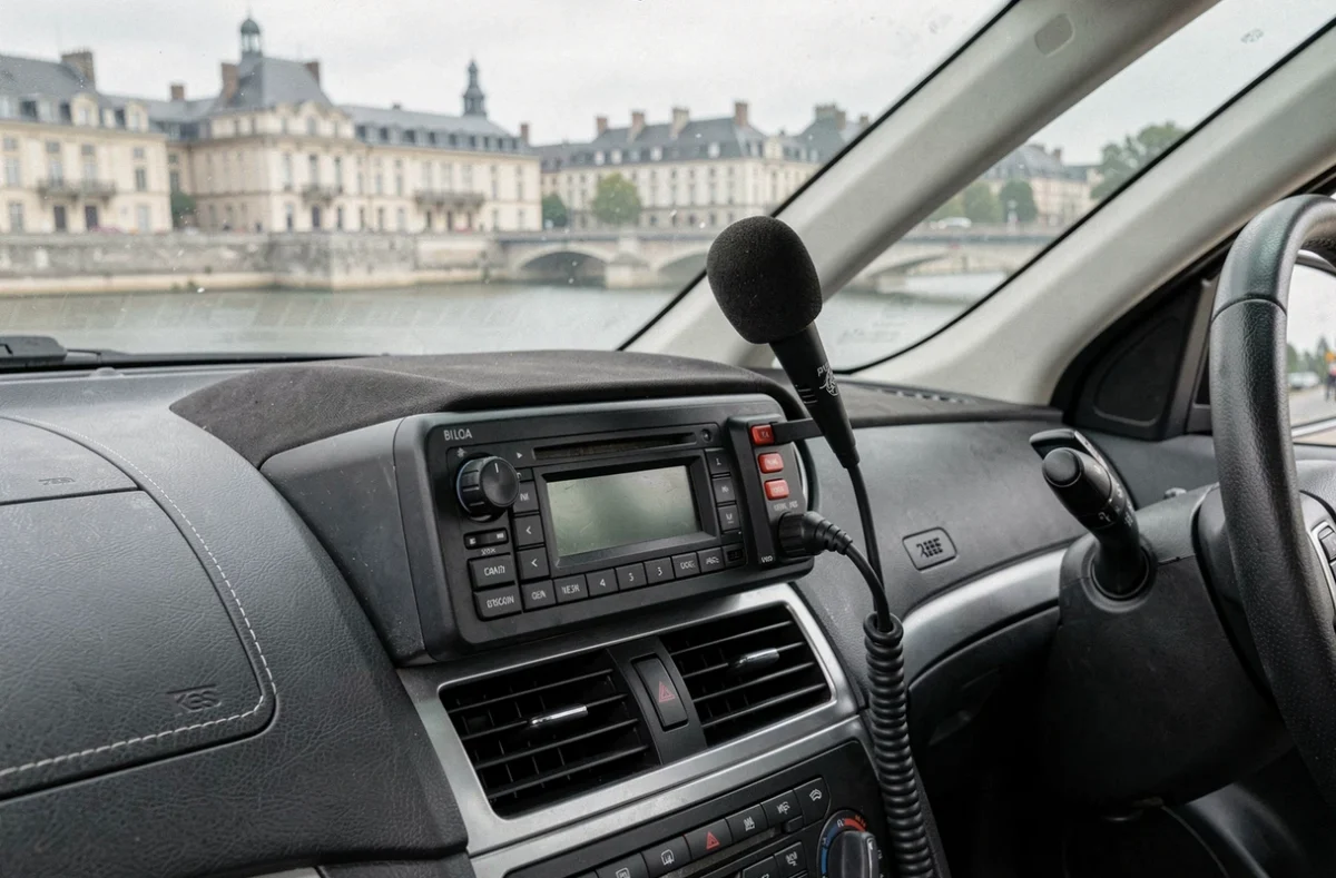 Console radio taxi à l'intérieur d'un véhicule de Blois Taxi Radio avec vue sur la Loire