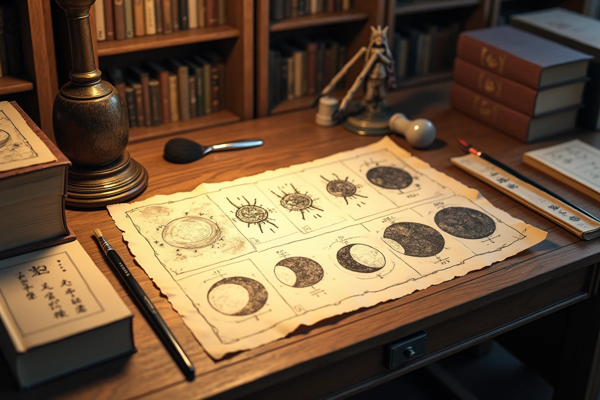 Bureau d'artiste avec des croquis de storyboard représentant les phases de la lune démoniaque d'un animé japonais