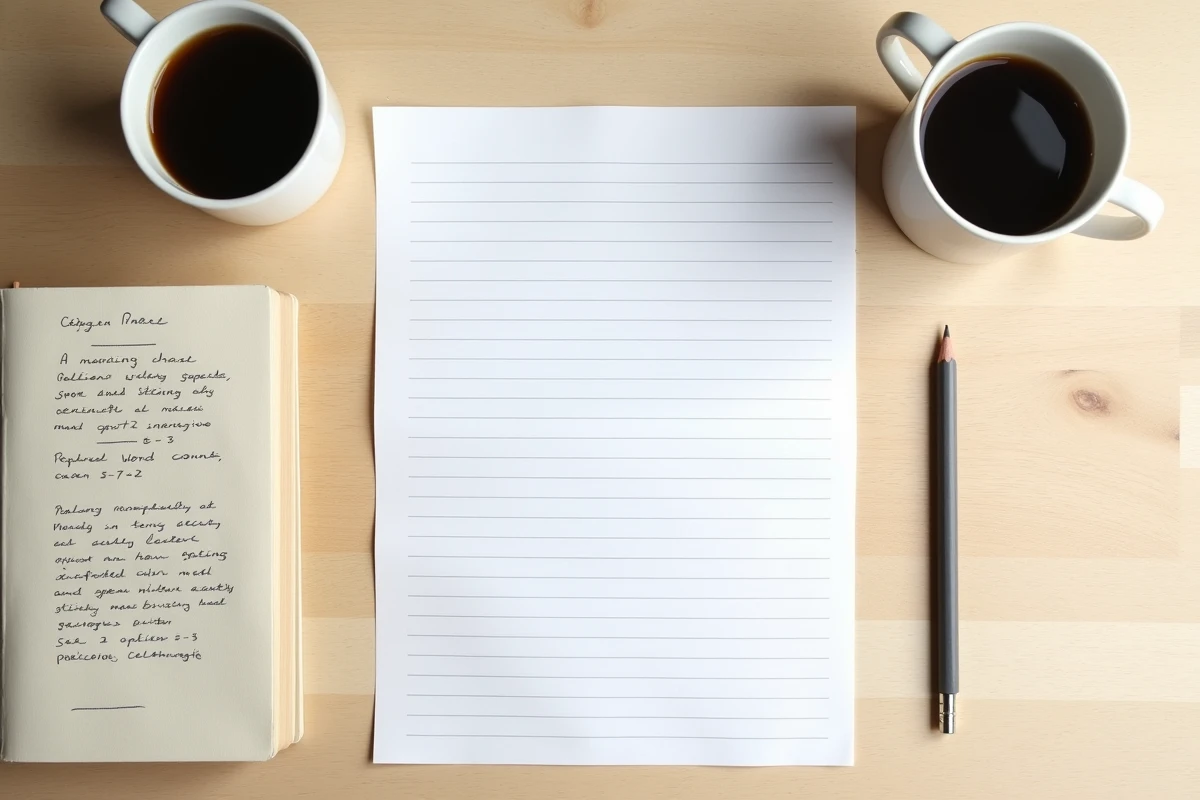 Vue de dessus d'un bureau minimaliste avec manuscrit imprimé, carnet de calcul du nombre de mots et roman de référence