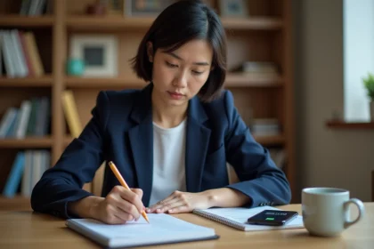 Femme calculant l'autonomie d'une batterie avec un carnet et un smartphone sur un bureau en bois