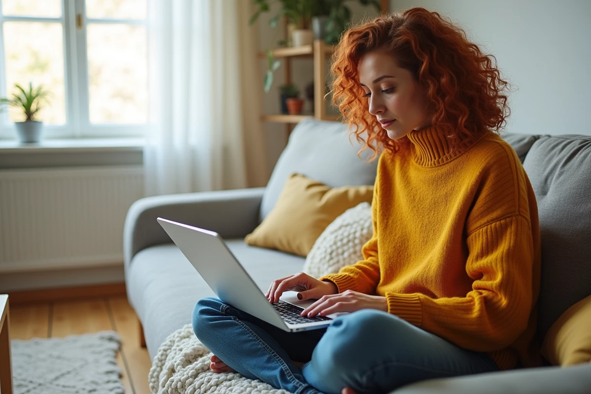 Jeune femme calculant l'autonomie de batterie sur un ordinateur portable avec tableau de données dans un salon moderne