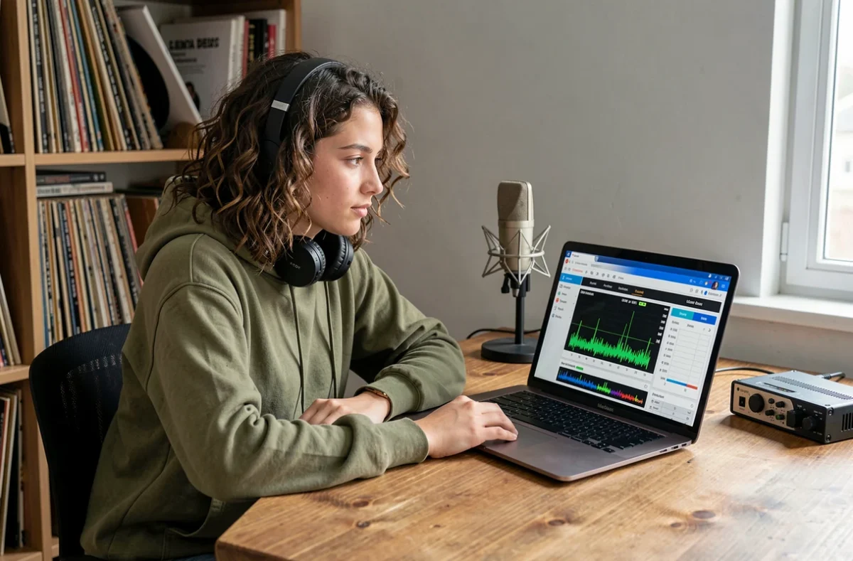 Jeune femme utilisant une calculatrice de décibels en ligne sur un ordinateur portable dans un home studio