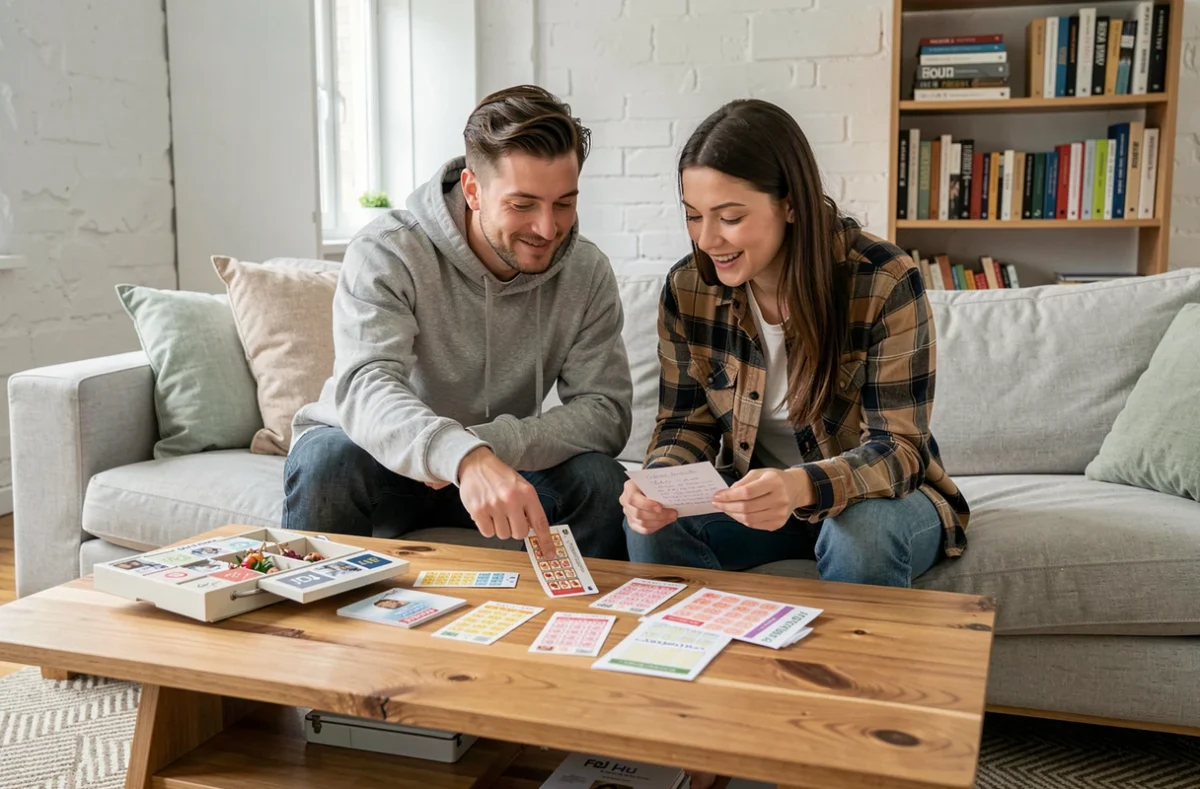 Couple comparant des tickets à gratter FDJ sortis d'un calendrier de l'Avent en calculant le budget rentable
