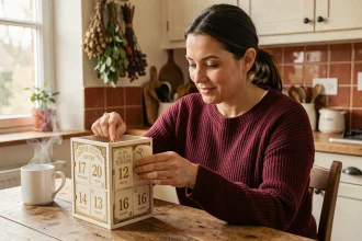 Femme ouvrant une case du calendrier de l'Avent Française des Jeux 2026 à table dans une cuisine chaleureuse