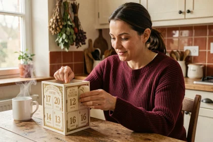 Femme ouvrant une case du calendrier de l'Avent Française des Jeux 2026 à table dans une cuisine chaleureuse