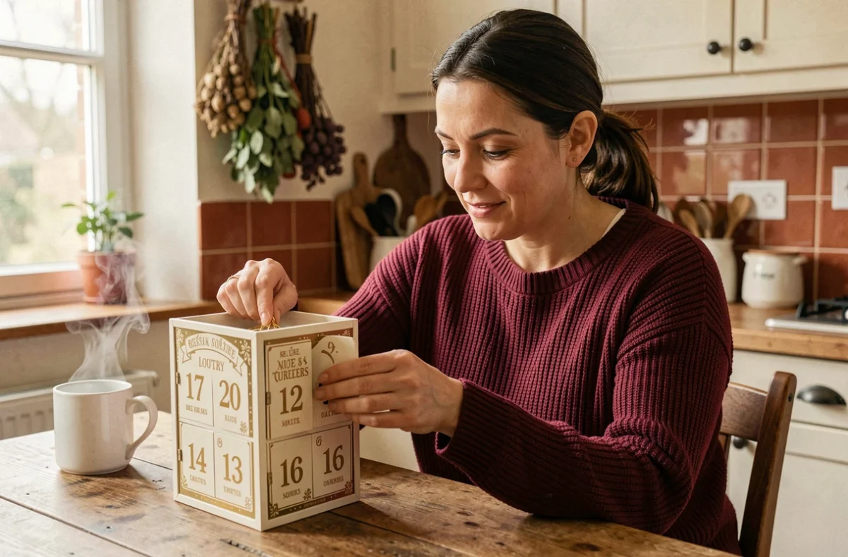 Femme ouvrant une case du calendrier de l'Avent Française des Jeux 2026 à table dans une cuisine chaleureuse