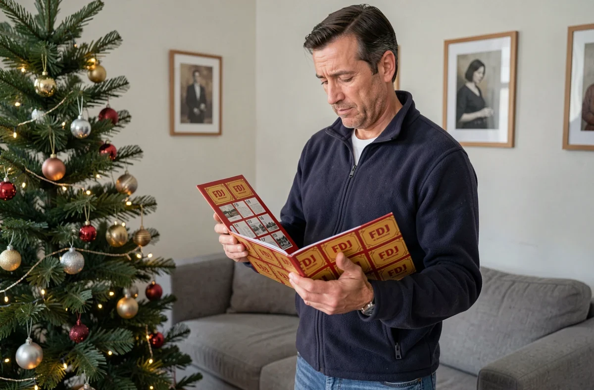 Homme tenant la boîte du calendrier de l'Avent FDJ 2026 devant un sapin de Noël dans un salon
