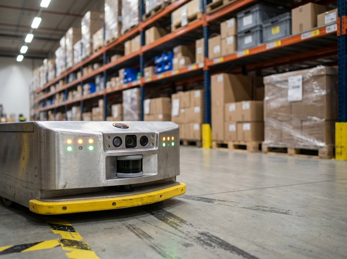 Gros plan sur les capteurs et la caméra de navigation d'un chariot autoguidé dans un entrepôt de distribution logistique
