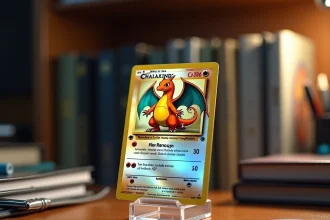 Carte Pokémon Dracaufeu rare holographique sur support acrylique posée sur un bureau de collectionneur avec classeurs et pochettes de protection