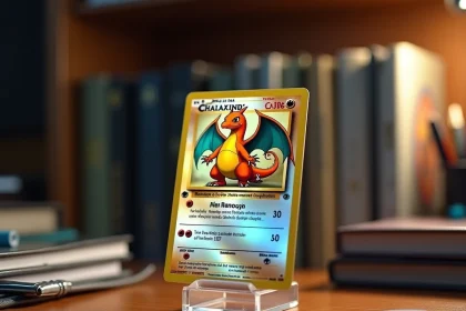 Carte Pokémon Dracaufeu rare holographique sur support acrylique posée sur un bureau de collectionneur avec classeurs et pochettes de protection