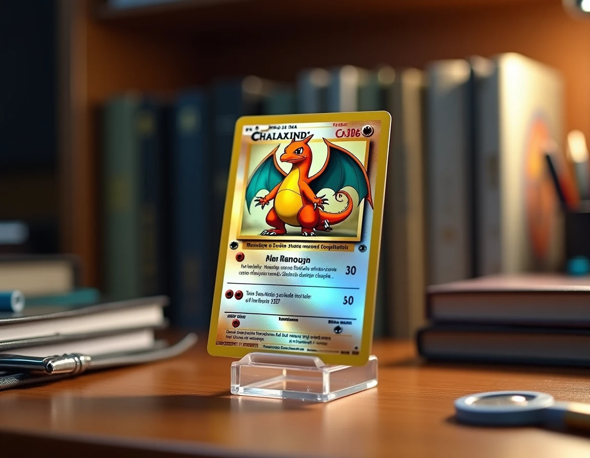 Carte Pokémon Dracaufeu rare holographique sur support acrylique posée sur un bureau de collectionneur avec classeurs et pochettes de protection