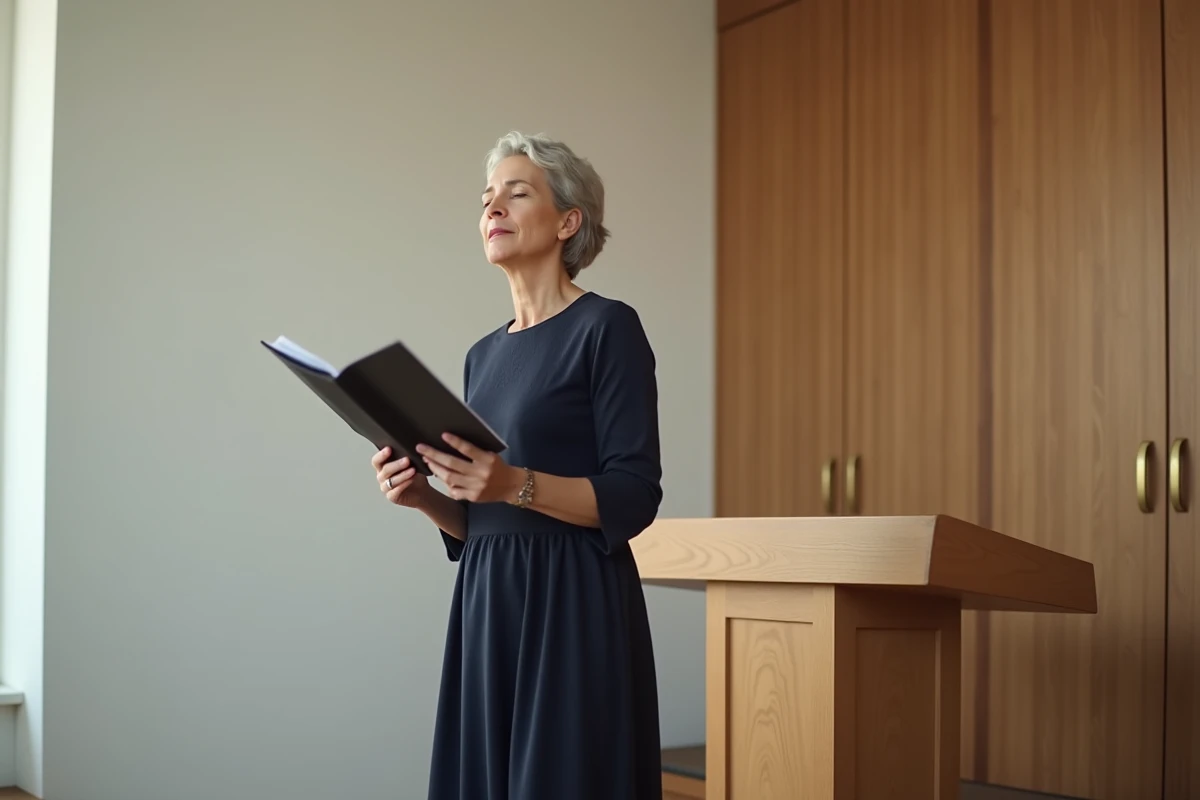 Chanteuse soliste en robe marine interprétant un chant funèbre dans un salon funéraire contemporain épuré