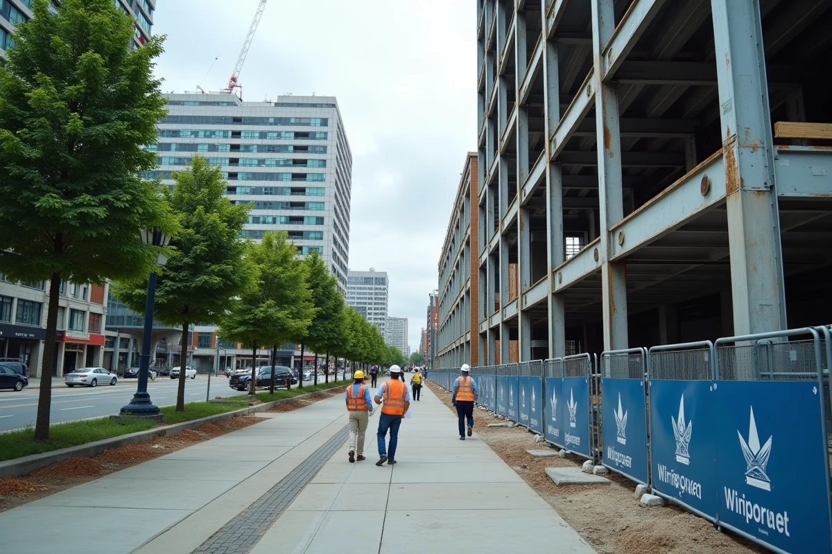 Chantier de construction d'un franchassis modulaire en milieu urbain avec ouvriers et structure métallique