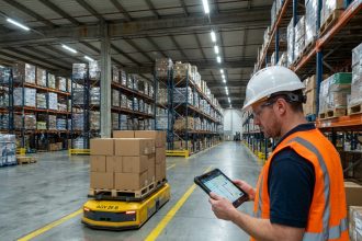 Chariot autoguidé AGV transportant des cartons dans un entrepôt logistique moderne en 2026, supervisé par un opérateur en gilet haute visibilité
