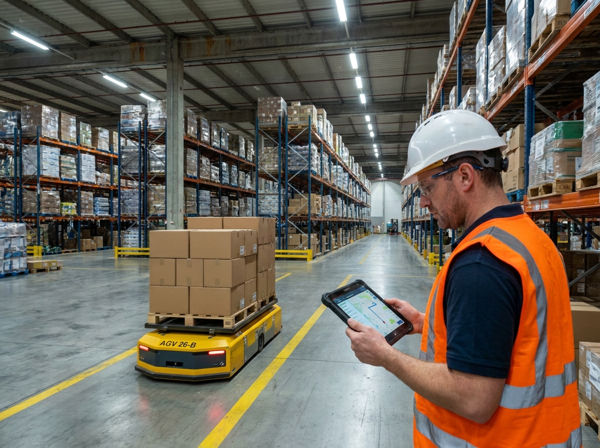 Chariot autoguidé AGV transportant des cartons dans un entrepôt logistique moderne en 2026, supervisé par un opérateur en gilet haute visibilité