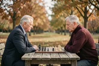 Deux hommes âgés aux visions opposées jouant aux échecs dans un parc en automne, symbolisant l'amitié tendue entre Charles Xavier et Magneto