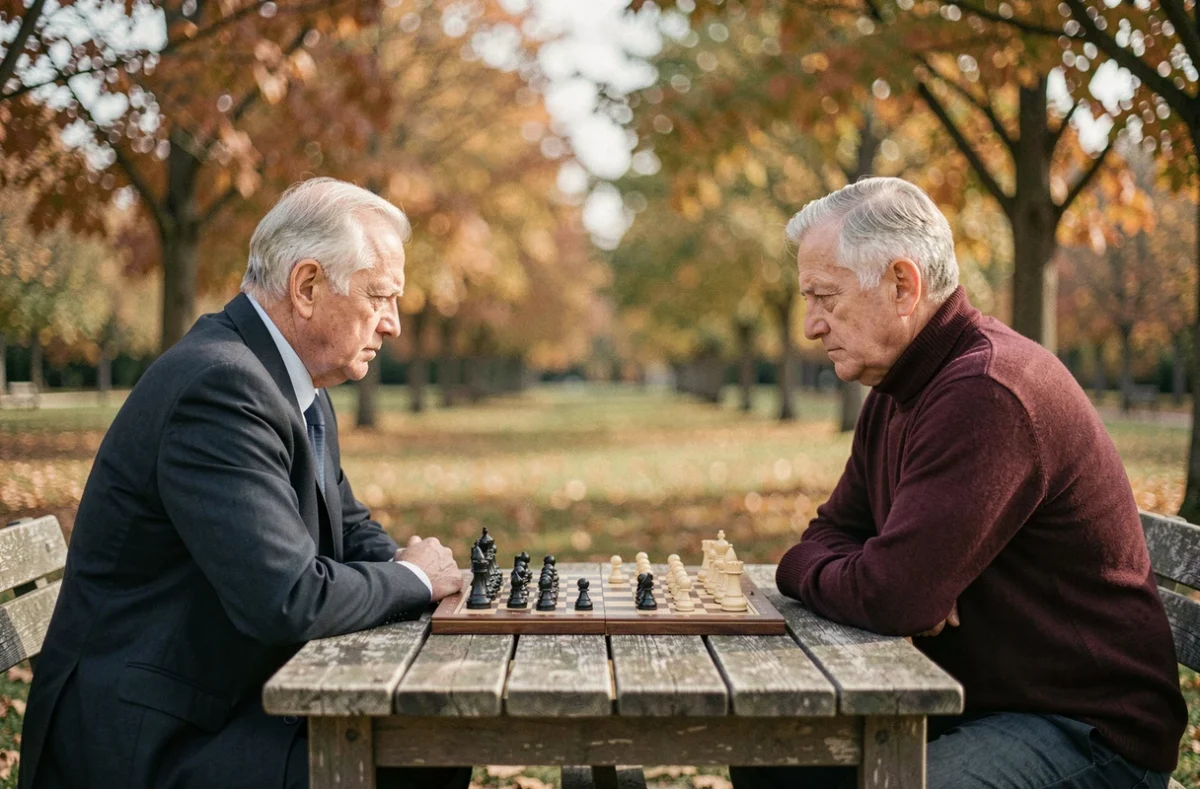 Deux hommes âgés aux visions opposées jouant aux échecs dans un parc en automne, symbolisant l'amitié tendue entre Charles Xavier et Magneto
