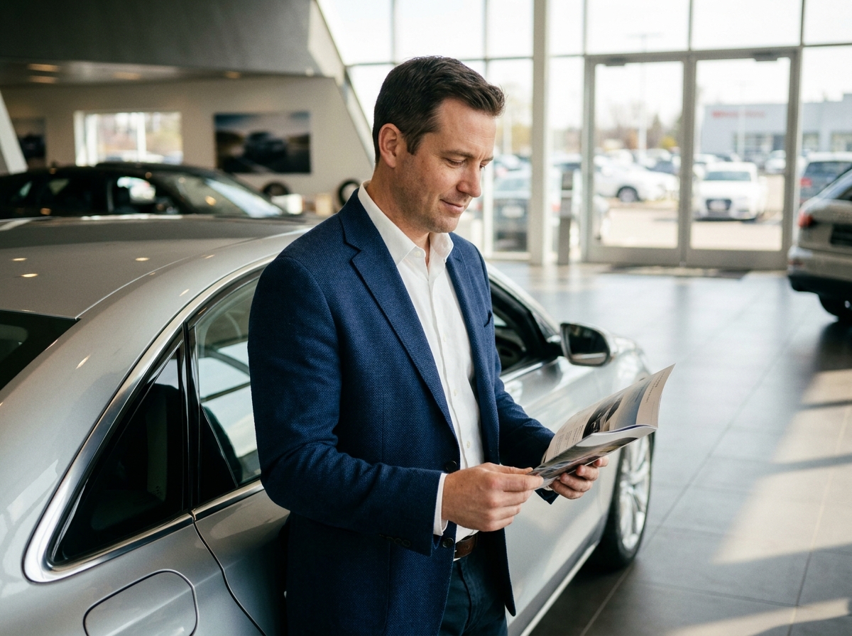 Un homme consultant une brochure dans un showroom de concession automobile moderne avec des véhicules neufs exposés