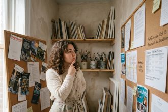 Jeune femme étudiant des brochures d'écoles artistiques dans un atelier créatif à domicile
