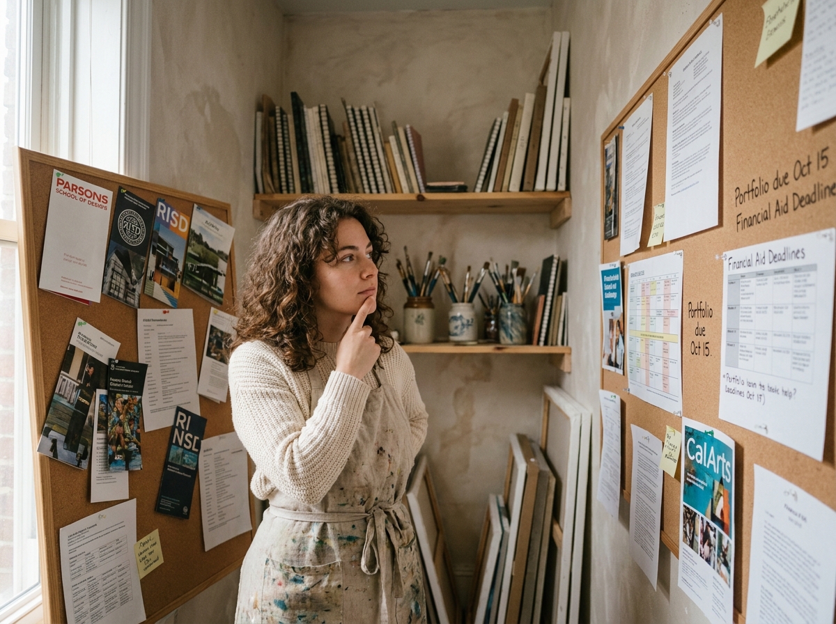 Jeune femme étudiant des brochures d'écoles artistiques dans un atelier créatif à domicile