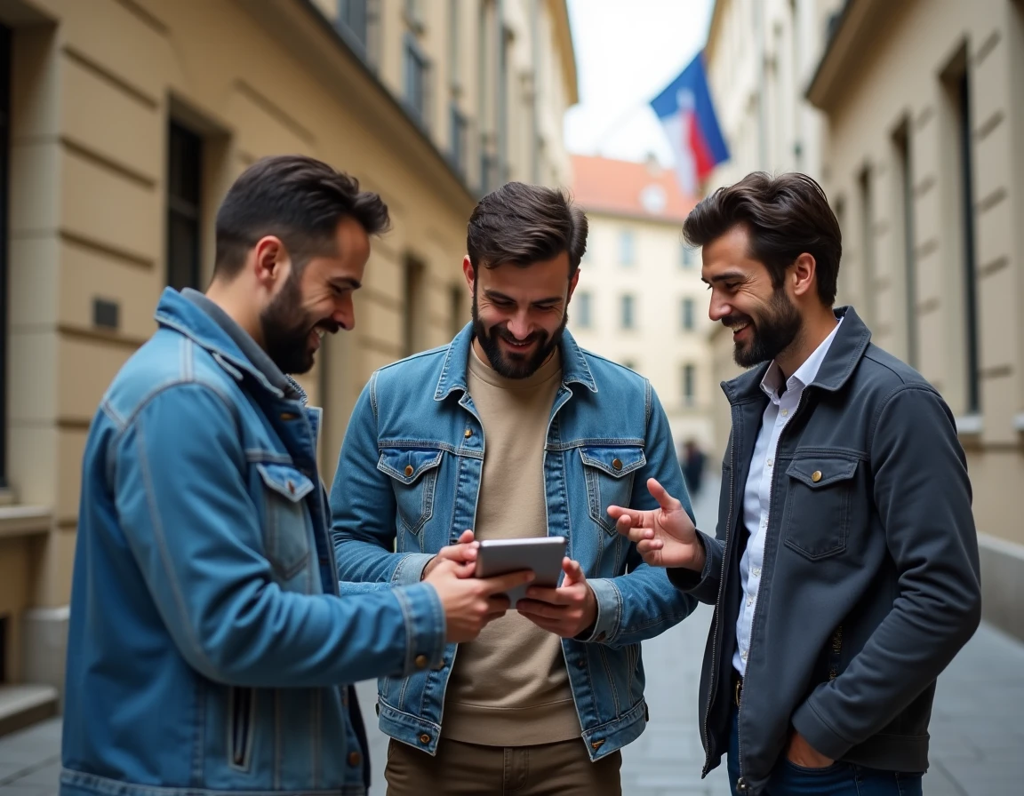 Groupe de citoyens français devant un bâtiment officiel discutant d'une polémique politique virale sur une tablette numérique