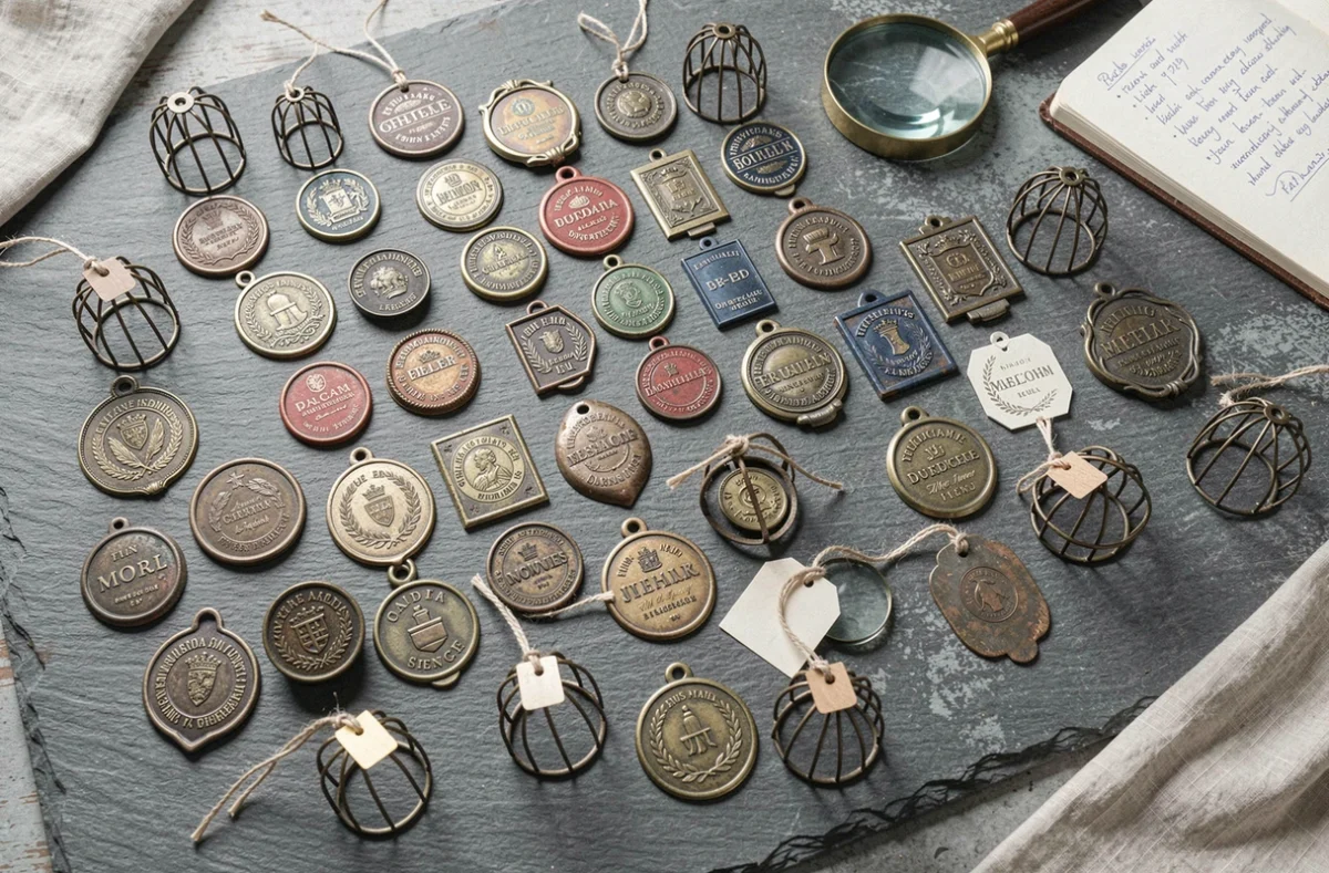 Vue à plat d'une collection de capsules de champagne vintage soigneusement organisées sur une surface en ardoise grise